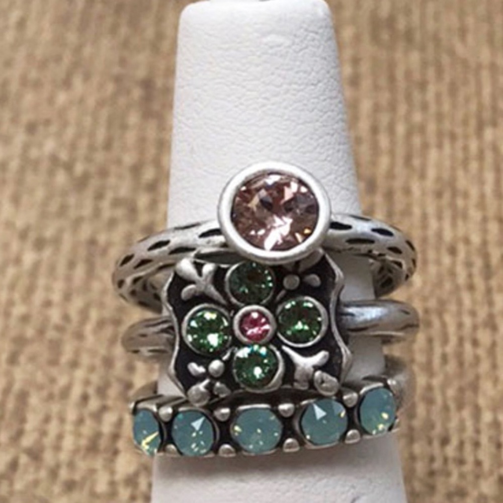 Set of 3 Antiqued Silver Crystal Stackable Rings-sz 6, 7 or 8